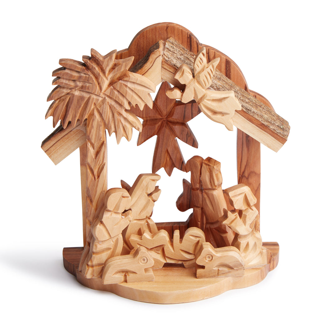 Olive Wood Nativity With Star Of Bethlehem And Bark Wood Roof Hand Made In Bethlehem