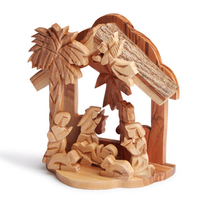 Olive Wood Nativity With Star Of Bethlehem And Bark Wood Roof Hand Made In Bethlehem