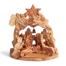 Load image into Gallery viewer, Olive Wood Pointed Roof Bell Nativity With Star Of Bethlehem Hand Made In Bethlehem
