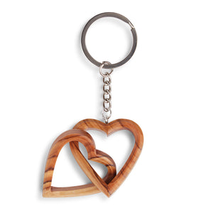 Hand Carved Olive Wood Entwined Hearts Keyring