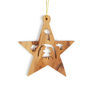 Nativity Scene In Star Christmas Tree Decoration Made From Olive Wood In Bethlehem OWO 046