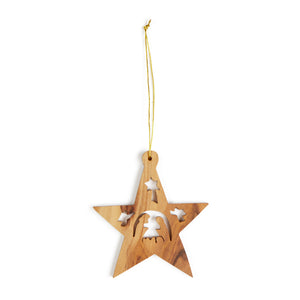 Nativity Scene In Star Christmas Tree Decoration Made From Olive Wood In Bethlehem