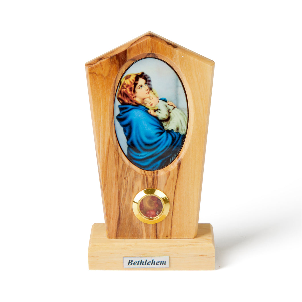 Solid Olive Wood Standing Plaque Depicting Mary And Baby Jesus Made In The Holy land Bethlehem - Small