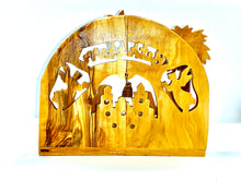 Load image into Gallery viewer, Reverse side of nativity scene, handmade in Bethlehem. Olive wood from Holy Land. Mary, Joseph and baby Jesus, animals in stable, palm tree, the Star of Bethlehem, angels and bell
