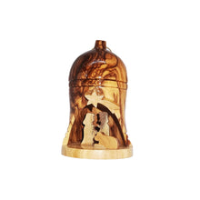 Load image into Gallery viewer, small hanging bell with nativity scene, hand made in Bethlehem from olive wood
