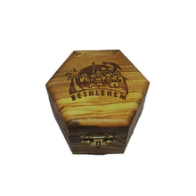 Load image into Gallery viewer, Polished olive wood trinket box hand made in Bethlem. Golden clasp on from and image of Bethlehem and wording on top
