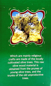 green gift box side, picture of olive tree and information