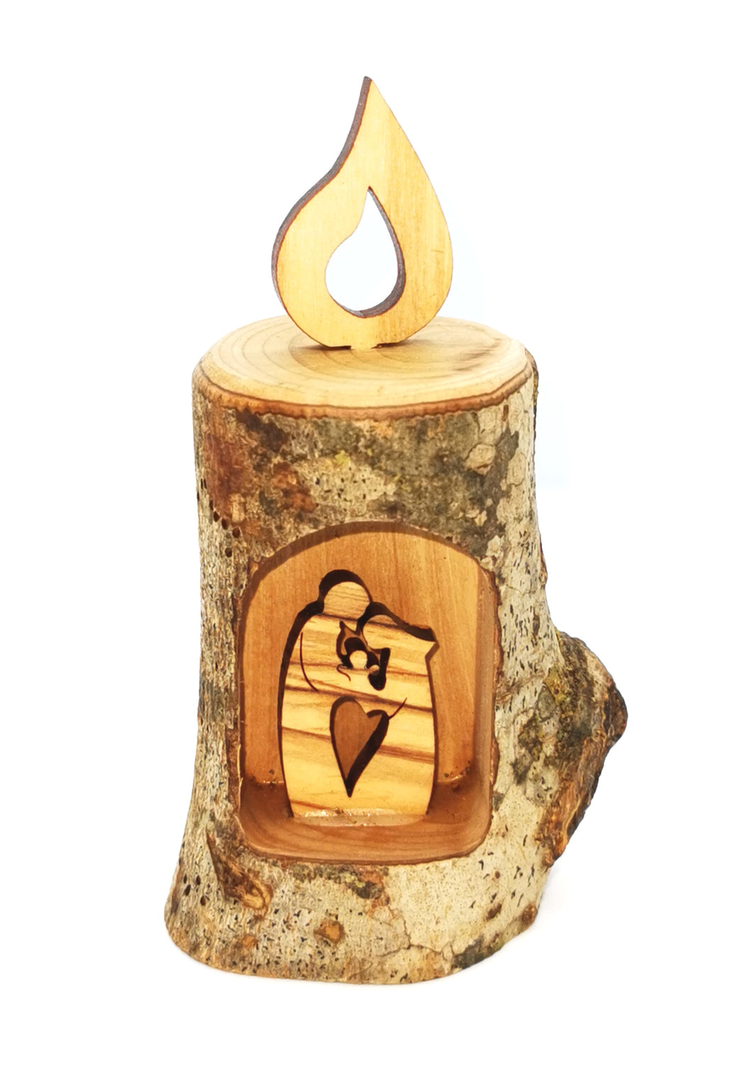 Mary, Joseph, Baby Jesus, loving family in candle shaped ornament. Hand made in natural olive branch with bark