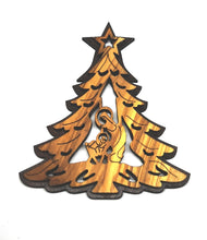 Load image into Gallery viewer, double layered Christmas tree decoration made from olive wood in Bethlehem. Mary and Jesus in tree shaped decoration 

