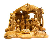 Load image into Gallery viewer, Large nativity scene. Holy family. Stable, star of Bethlehem. 3 kings,  Mary Jesus, Joseph, Shepherd, lambs, donkey, cow
