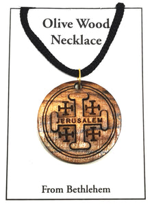 Handmade in Bethlehem olive wood Jerusalem cross circular pendant with black cord in packaging