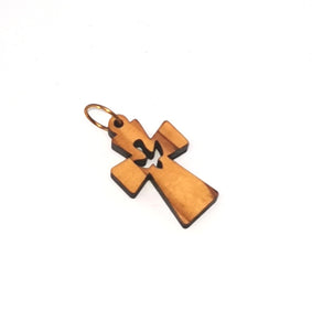 Handmade in Bethlehem olive wood cross with dove cut from centre  pendant 