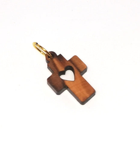 Handmade in Bethlehem olive wood cross pendant with heart cut out the centre
