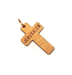 Handmade in Bethlehem olive wood cross pendant with Jerusalem across centre