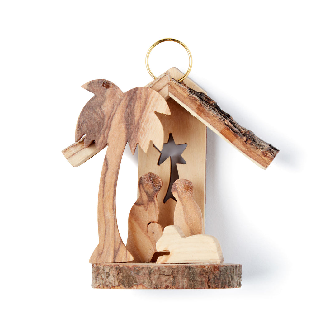 Natural Wooden Nativity Scene Hanging Decoration Handmade In Bethlehem From Olive Wood
