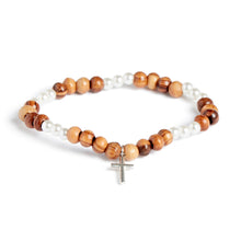 Load image into Gallery viewer, Pearl Bead and Olive Wood Bead Bracelet With Silver Cross
