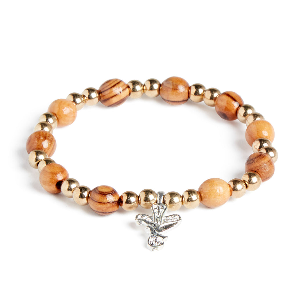 Hand Crafted Olive Wood Bead Bracelet with Golden Beads & Silver Dove Cross
