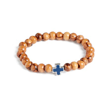 Load image into Gallery viewer, Handmade Olive Wood Bead Bracelet With Silver &amp; Blue Cross
