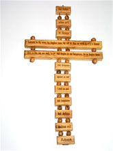 Load image into Gallery viewer, Lord&#39;s Prayer on olive wood cross, made in Bethlehem. Ladder style, to be hung on wall.
