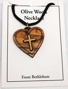 Handmade in Bethlehem, olive wood cross on heart  pendant with black cord in packaging 