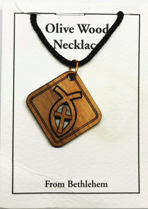Handmade in Bethlehem, olive wood cross in fish, square pendant with black cord in packaging 