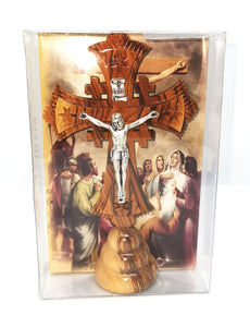 Boxed gift from Bethlehem. Olive wood Jerusalem cross crucifix, metal Jesus ,certificate of authenticity