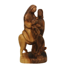 Load image into Gallery viewer, Hand carved olive wood statue made in Bethlehem. The flight to Egypt, Mary and Jesus on donkey, Joseph standing next to them
