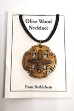 Load image into Gallery viewer, Handmade in Bethlehem, olive wood Jerusalem cross pendant with black cord in packaging 
