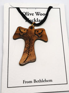 Handmade in Bethlehem, olive wood cross pendant with olive branch and two doves with black cord in packaging 