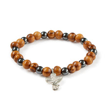 Load image into Gallery viewer, Hand Crafted Olive Wood Bead &amp; Hematite Bead Bracelet with Silver Dove Cross
