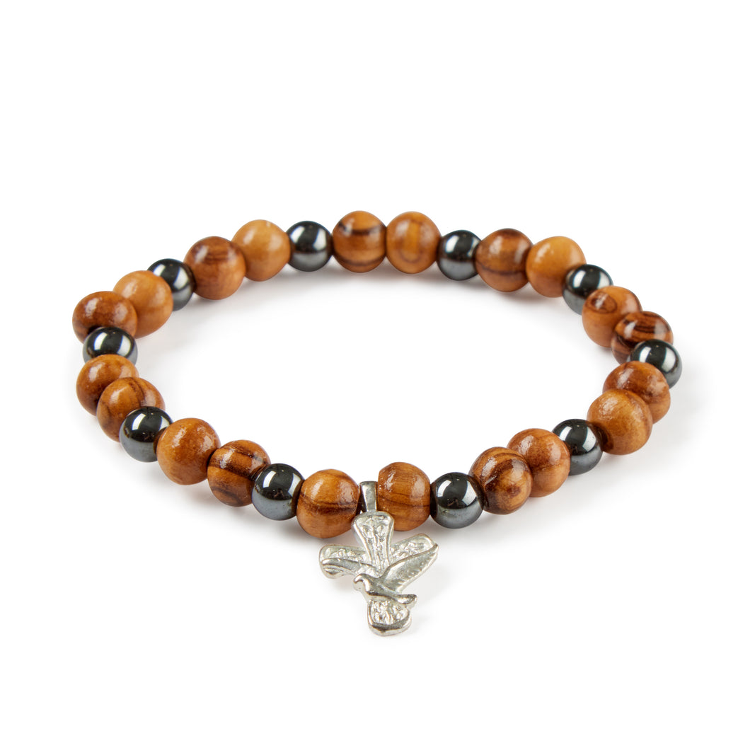 Hand Crafted Olive Wood Bead & Hematite Bead Bracelet with Silver Dove Cross