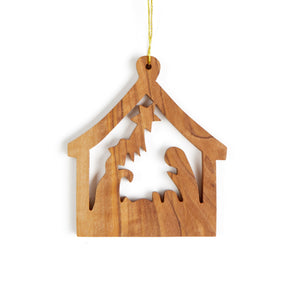 Nativity Scene In Stable Christmas Tree 2D Decoration Made From Olive Wood In Bethlehem