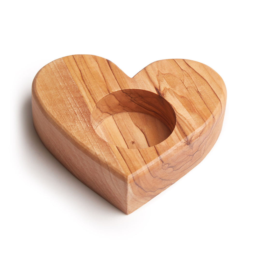 Handmade Olive Wood Heart Shape Tea Light Holder, Hand Carved Candle Holder