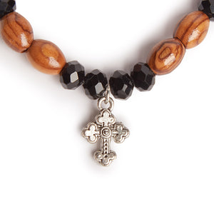 Hand Crafted Olive Wood & Black Bead Bracelet With Silver Cross