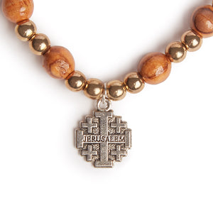 Gold & Olive Wood Handmade Bead Bracelet With Jerusalem Cross