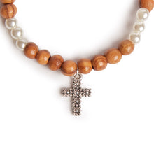 Load image into Gallery viewer, Hand Crafted Olive Wood &amp; Pearl Bead Bracelet with Silver Flower Cross
