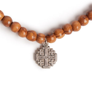 Hand Crafted Double Wrap Olive Wood Bead Bracelet with Silver Jerusalem Cross Pendent