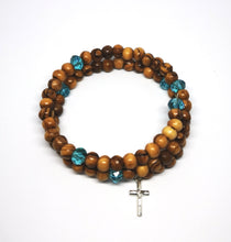 画像をギャラリービューアに読み込む, wrap around olive wood rosary bracelet from holy land Bethlehem, blue beads and cross
