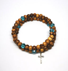 wrap around olive wood rosary bracelet from holy land Bethlehem, blue beads and cross