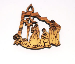 2D olive wood Christmas decoration. 3 kings visiting baby Jesus 