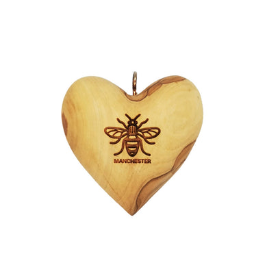 Manchester bee olive wood heart decoration, differing grains 