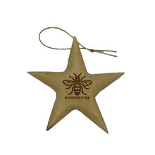 Load image into Gallery viewer, Manchester bee olive wood star decoration, differing grains 
