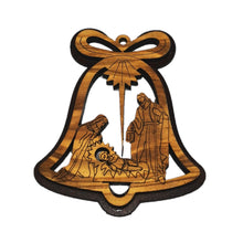 Load image into Gallery viewer, double layered Christmas tree decoration made from olive wood in Bethlehem. Nativity scene in bell shaped decoration 
