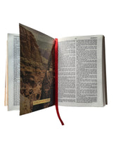 画像をギャラリービューアに読み込む, Olive wood bible made in Bethlehem open with text and pictures
