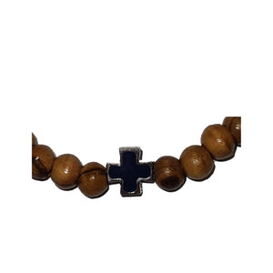 Handmade Olive Wood Bead Bracelet With Silver & Blue Cross