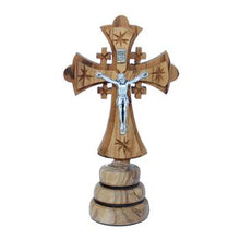 Load image into Gallery viewer, Small Hand Made Olive Wood Jerusalem Cross Crucifix With Base Made In The Holy Land Bethlehem
