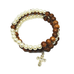 Hand Crafted Wrap Around Olive Wood Bracelet With Mother of Pearl Beads & Silver Cross