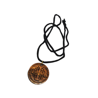 Handmade in Bethlehem olive wood Jerusalem cross circular pendant with black cord