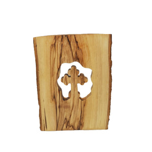 Reverse of cross cut into natural olive wood