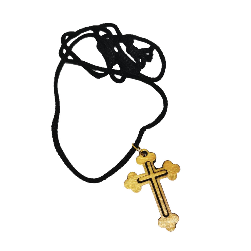 Handmade in Bethlehem olive wood cross pendant with black cord